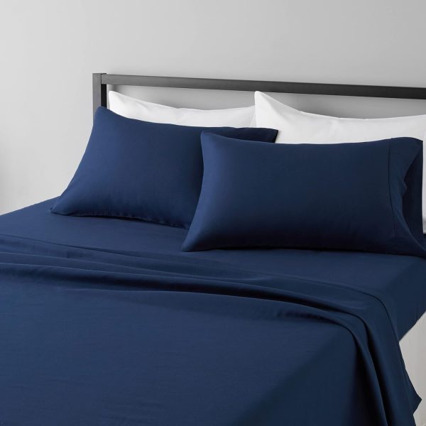 Lightweight, ultra-soft, easy-care, breathable microfiber four-piece sheet set, 14-inch deep pockets, standard double size, navy blue, solid color