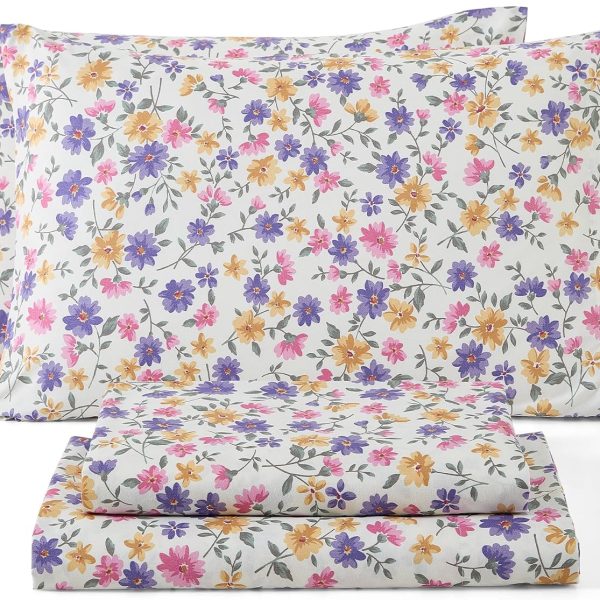 Purple and Yellow Floral Pattern Sheet Set - 4-Piece Sheet Set - Wrinkle-resistant and ultra-soft - Fits mattresses up to 15 inches thick (Queen Size)