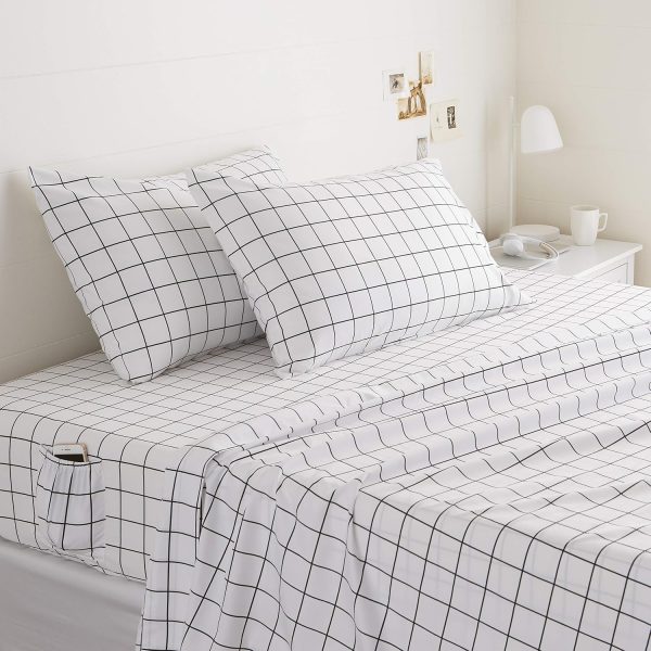 Soft microfiber four-piece sheet set, with elastic side pockets, full size, black checkered geometric pattern